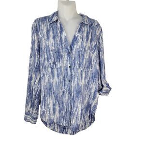 Rock & Republic Womens Tunic Top Medium Blue Button Long Roll Tab Sleeve Printed